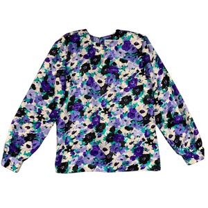 Vintage Satin Floral Blouse Top Purple Teal Black Long Sleeve Womens Size 6P‎